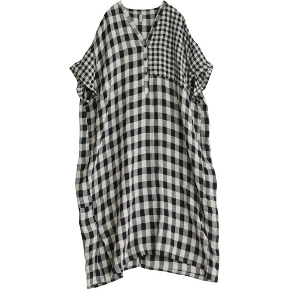 Women's Linen Dress Summer Casual Loose Gingham Midi Cotton Flowy - Picture 7 of 7